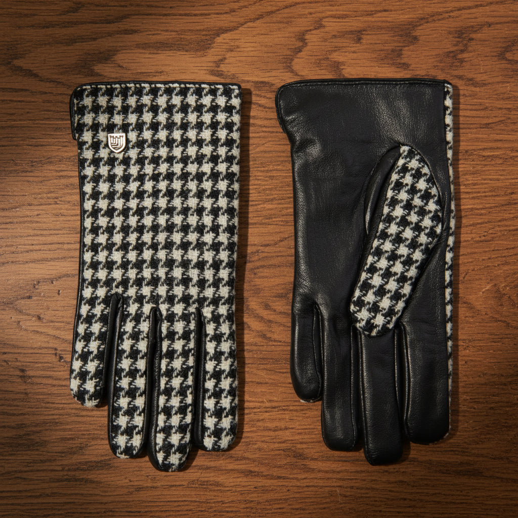 Front and back view of ladies black dogtooth Harris Tweed® gloves with leather palms and touch screen technology, handwoven in the Outer Hebrides.