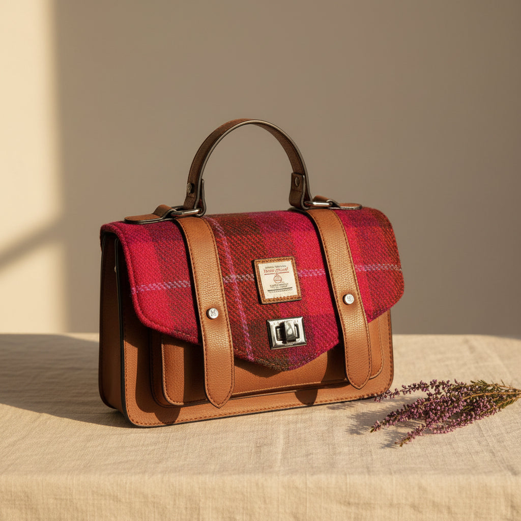 Side angle of Fuchsia Red Tartan Harris Tweed® satchel showing structured shape and top handle.