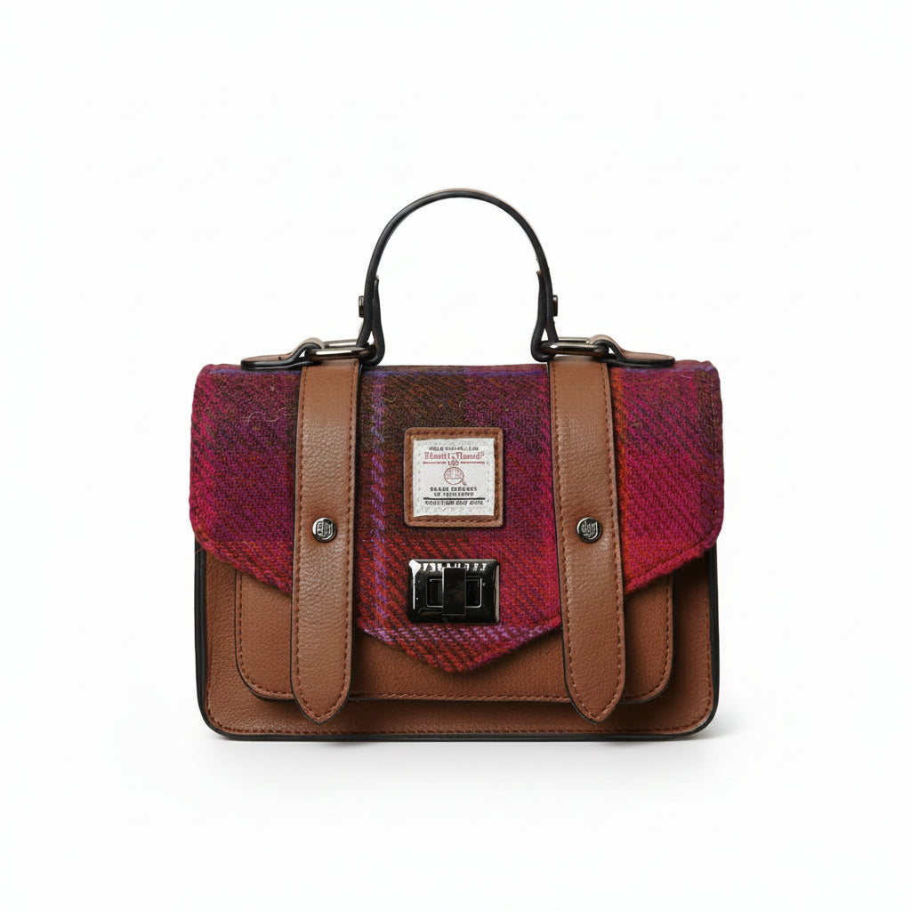 Front view of Fuschia Tartan Mini Satchel with Harris Tweed® and brown microfibre leather trim.