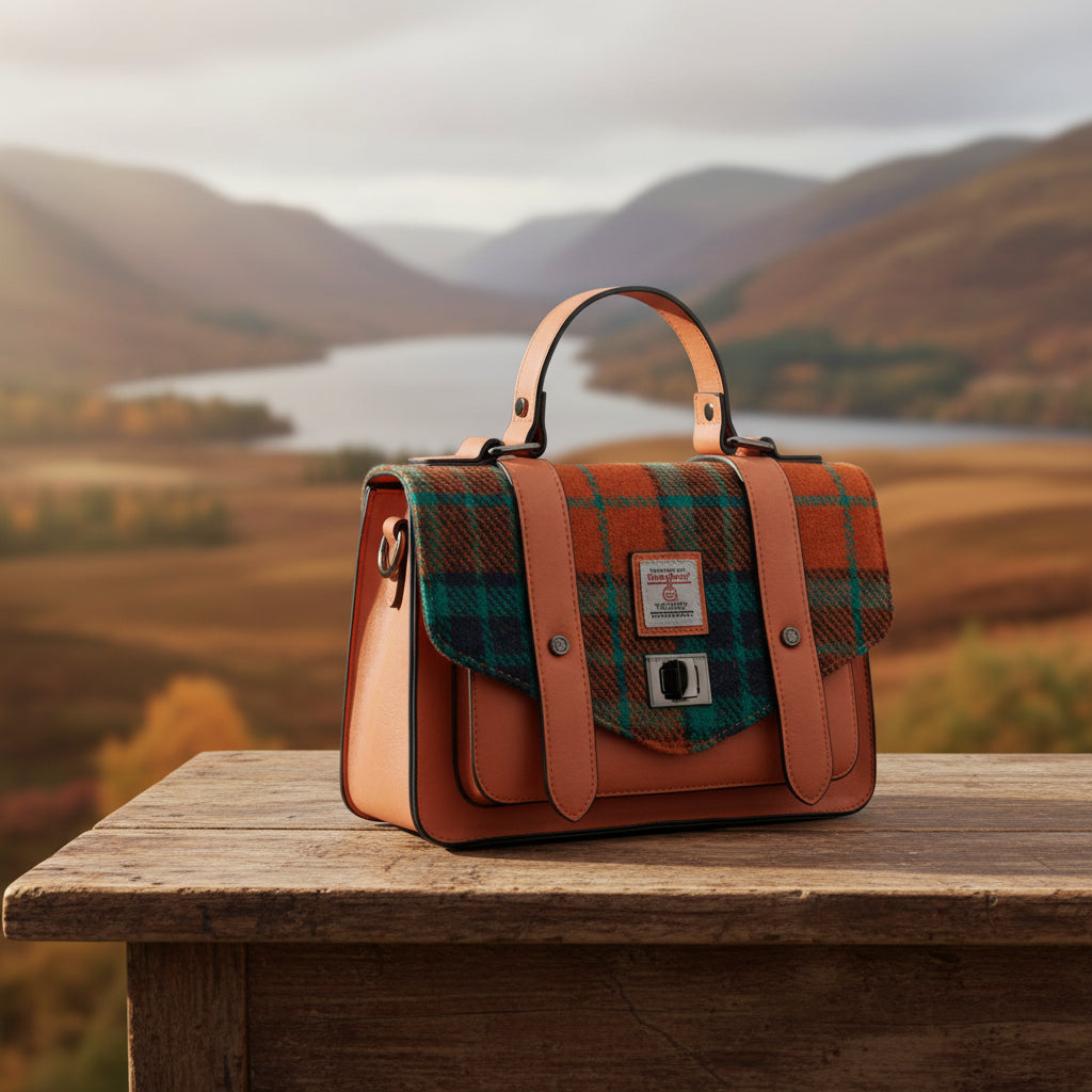 Islander orange and blue Harris Tweed tartan satchel shown at an angle with top handle, buckle straps and front clasp detail.