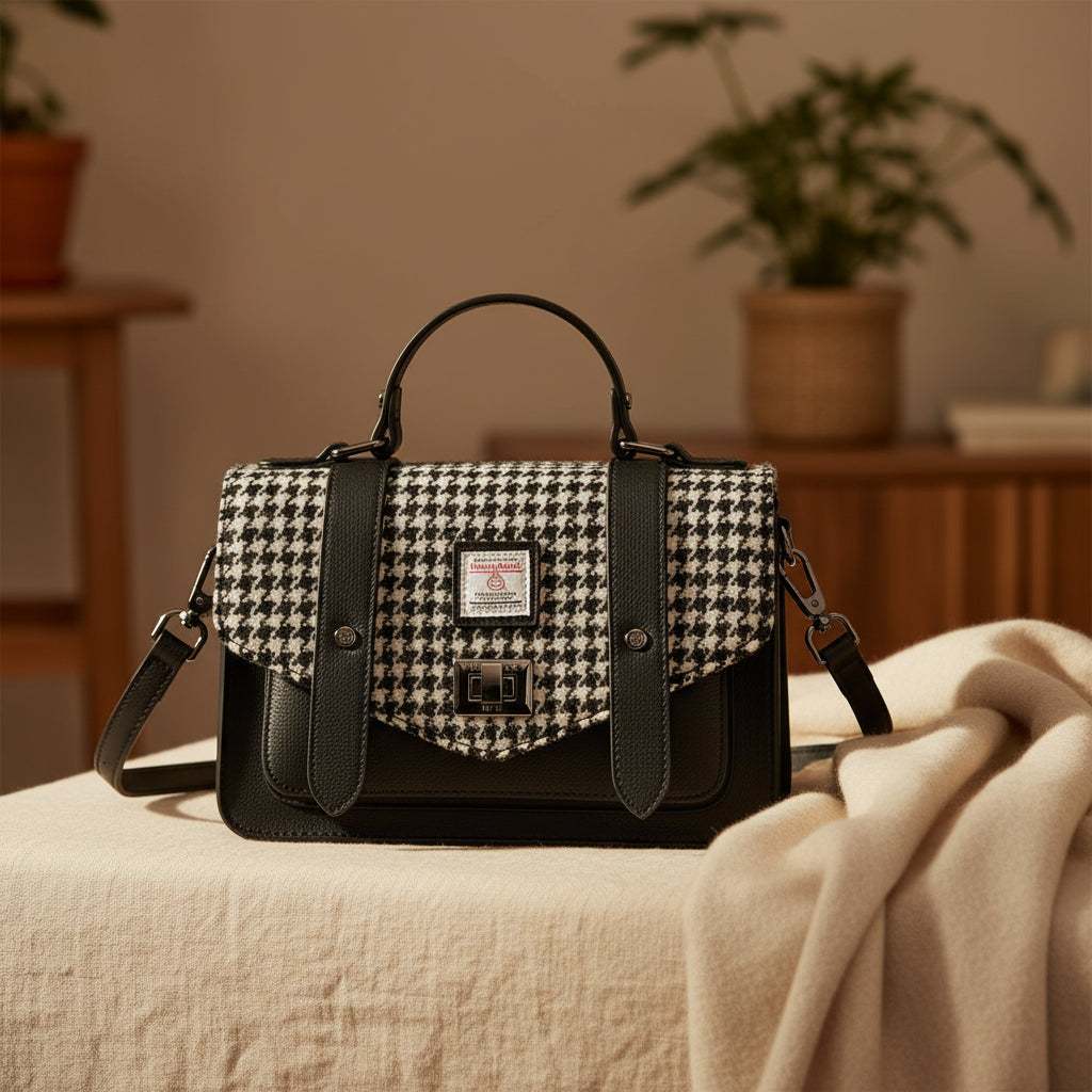 Handbag with houndstooth pattern and black accents on a white background