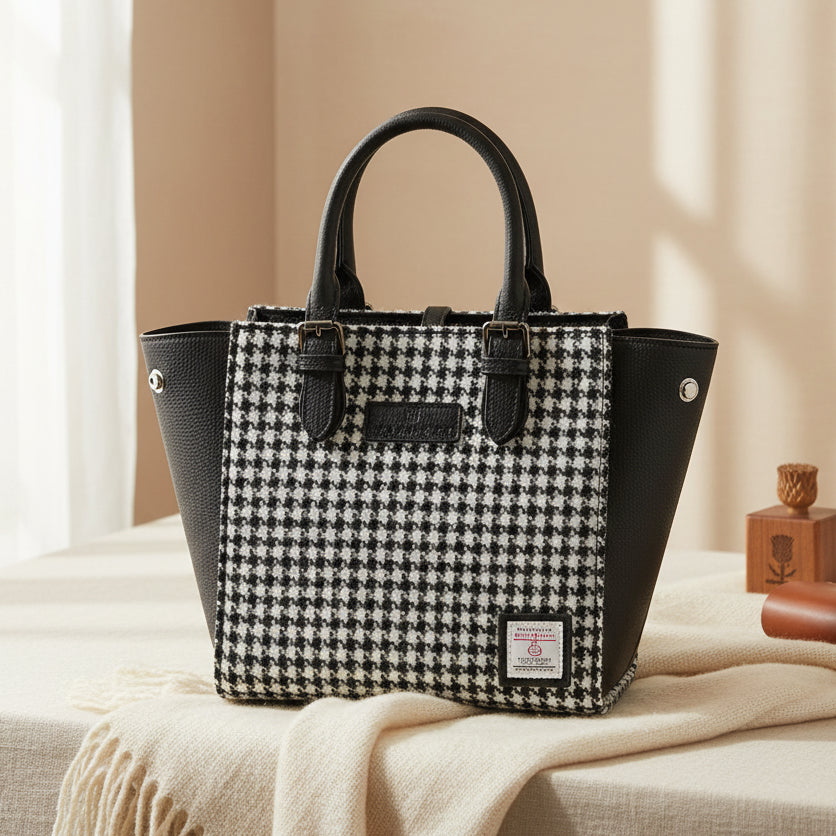 Medium Caillie Tote - Black & White Dogtooth Harris Tweed®