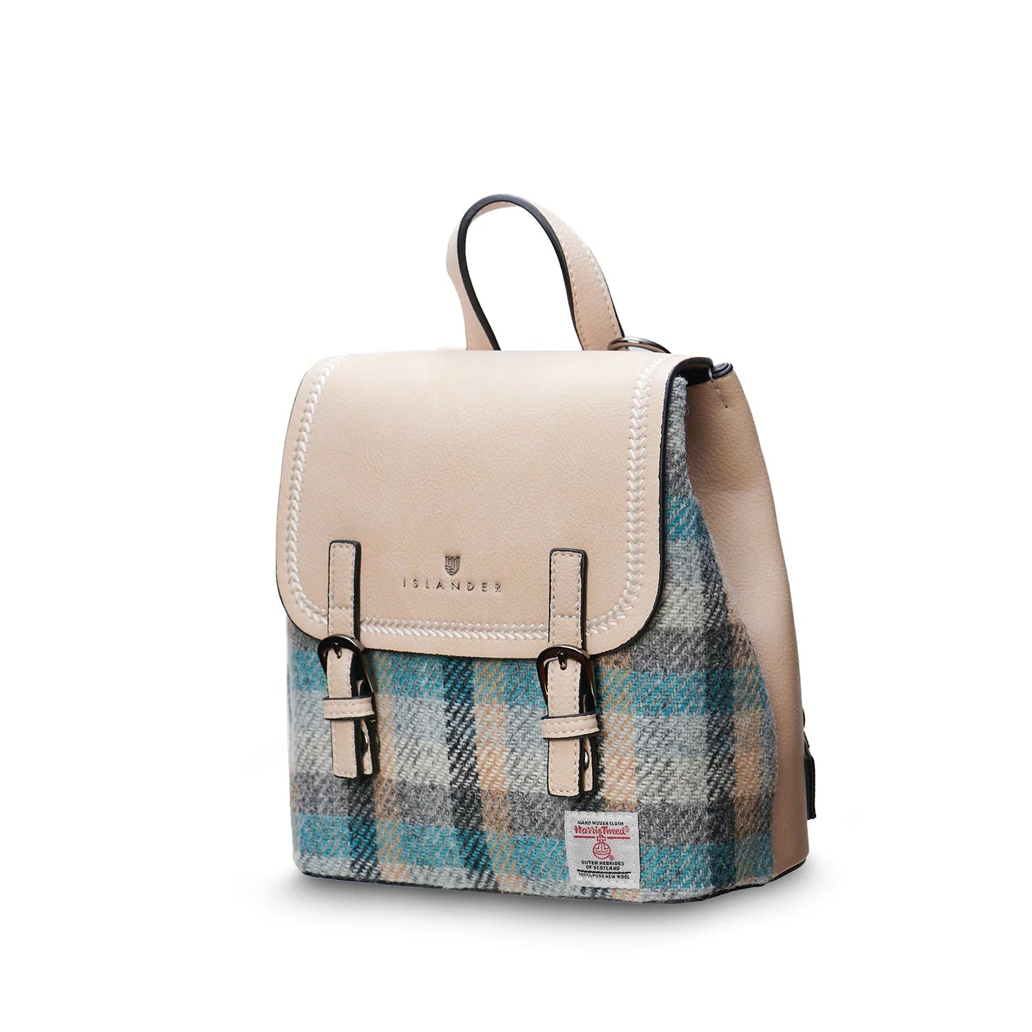 Harris Tweed mini backpack angled view showing teal-grey tartan and leather