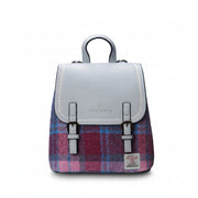 Pink and blue tartan Harris Tweed mini backpack front view on white background