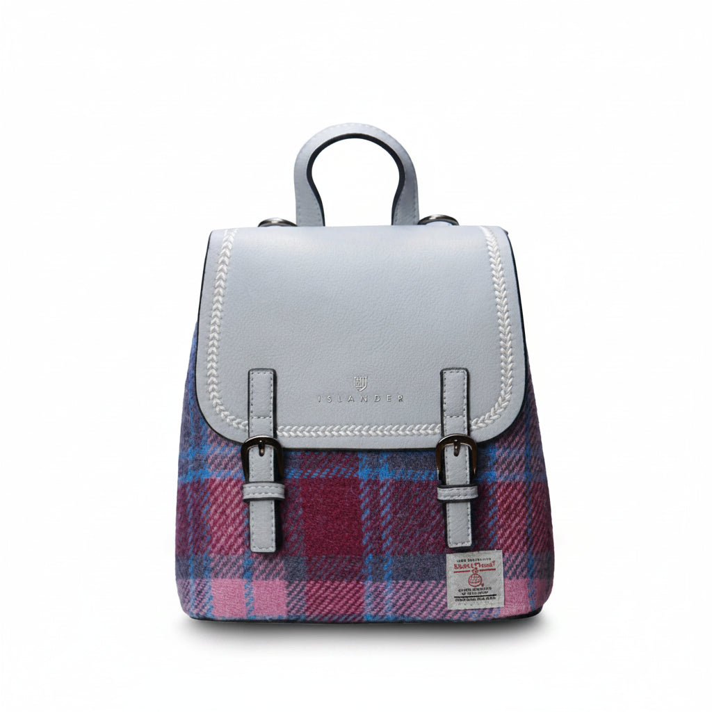 Pink and blue tartan Harris Tweed mini backpack front view on white background