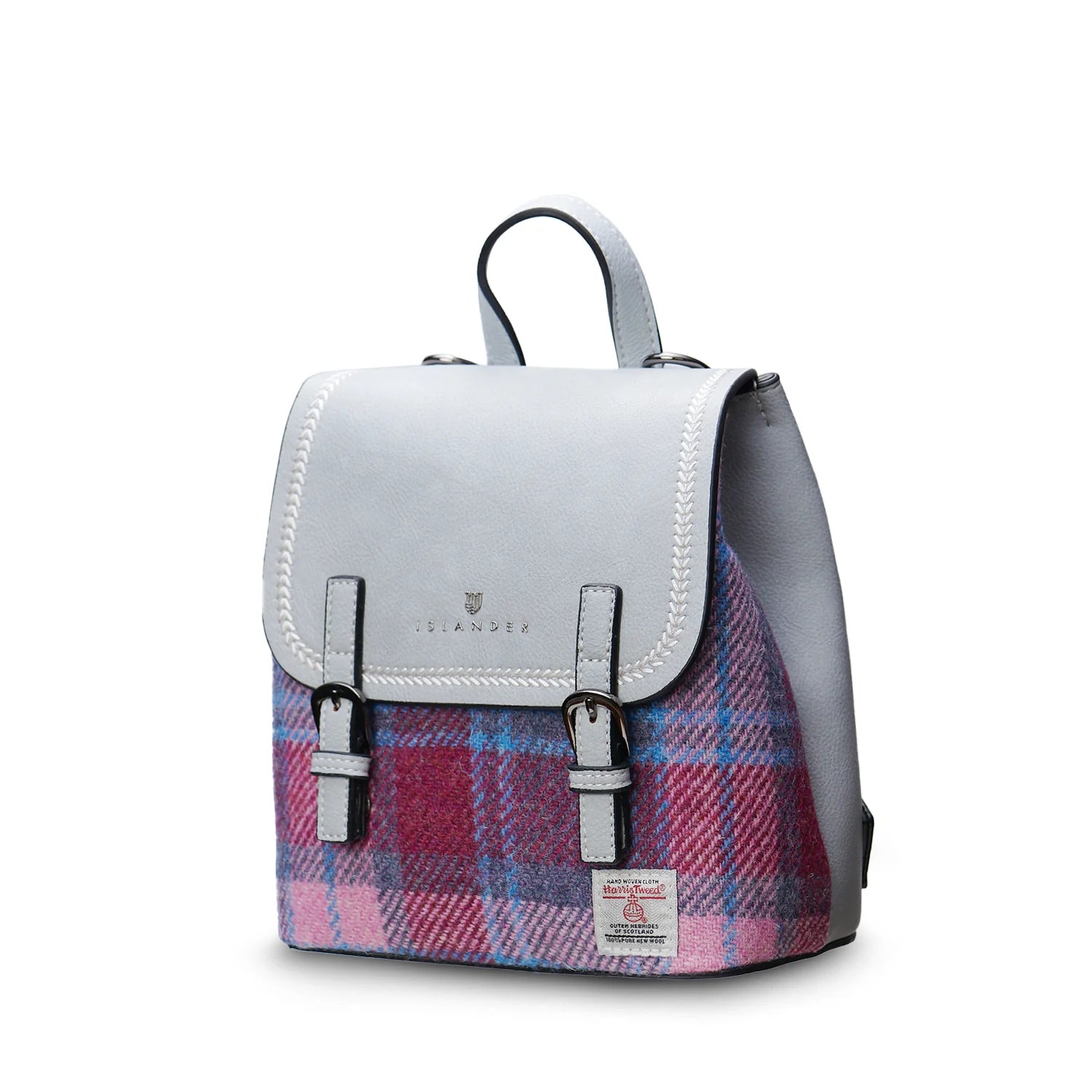 Harris Tweed mini backpack in pink-blue tartan angled on white background