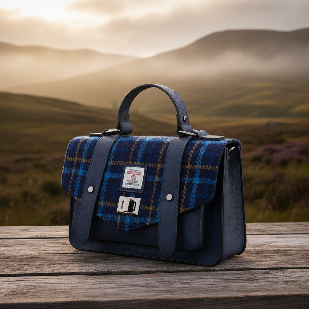 Side view of Navy Tartan Medium Satchel with Harris Tweed® and navy leather straps.
