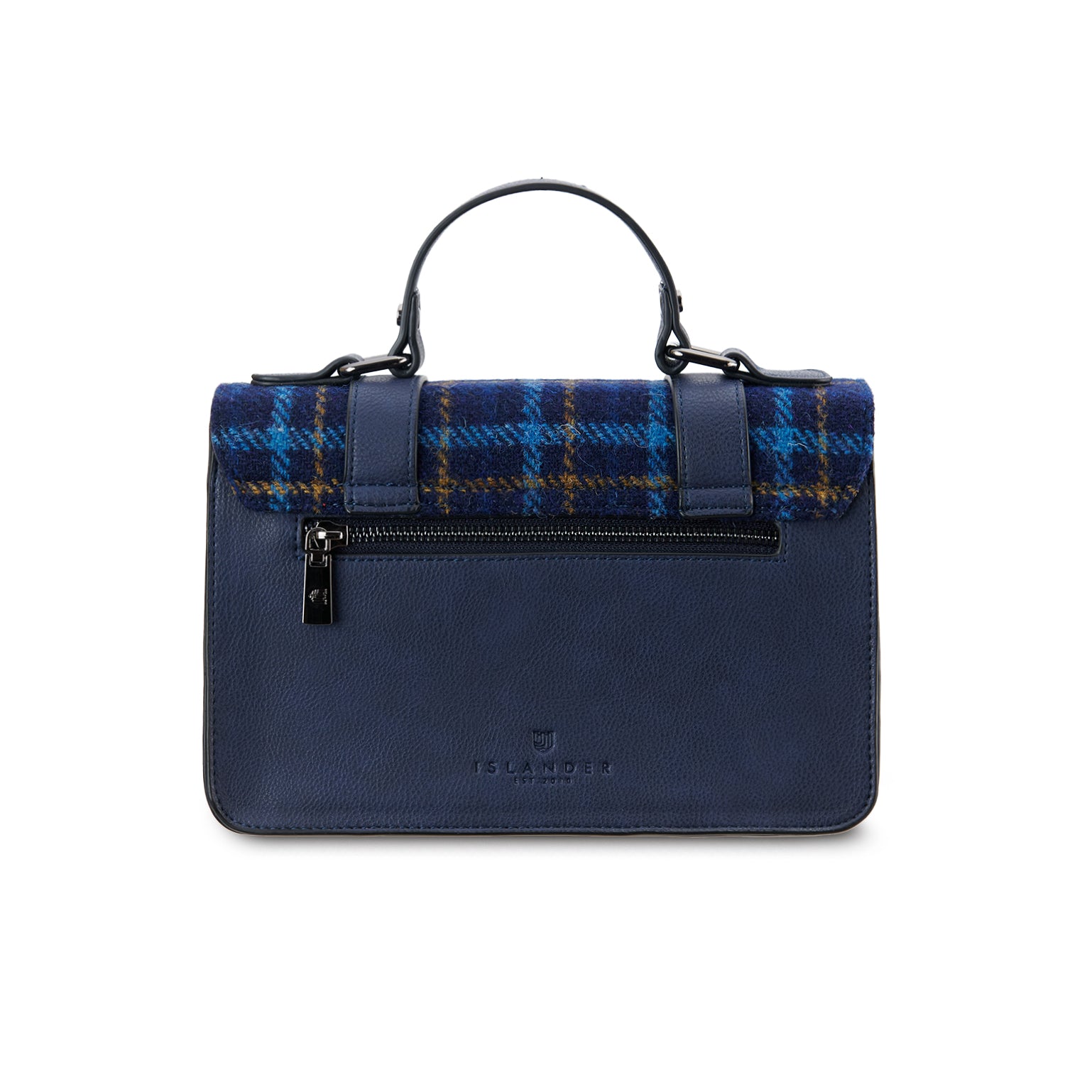 Back view of Navy Tartan Medium Satchel with navy microfibre leather and rear zip pocket.