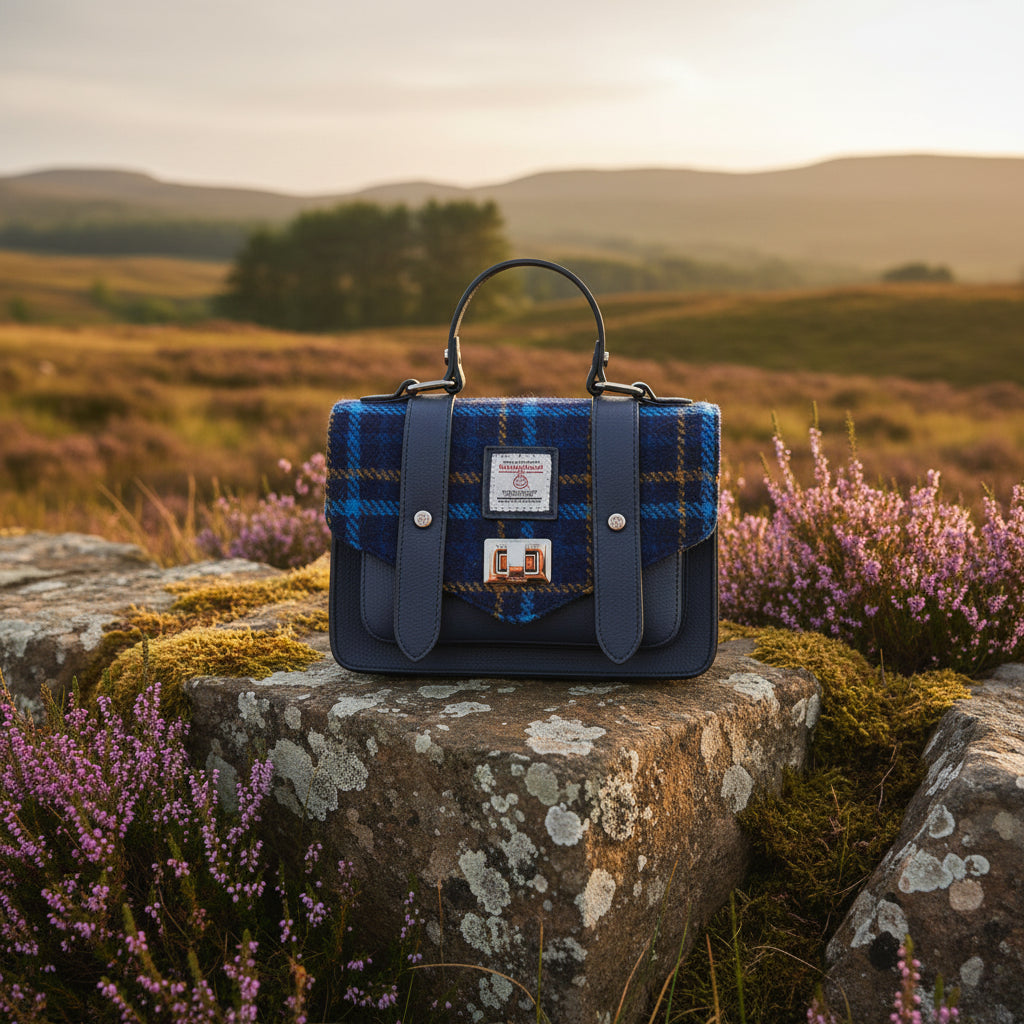 Front view of Navy Tartan Mini Satchel featuring Harris Tweed® tartan flap and twist lock fastening.