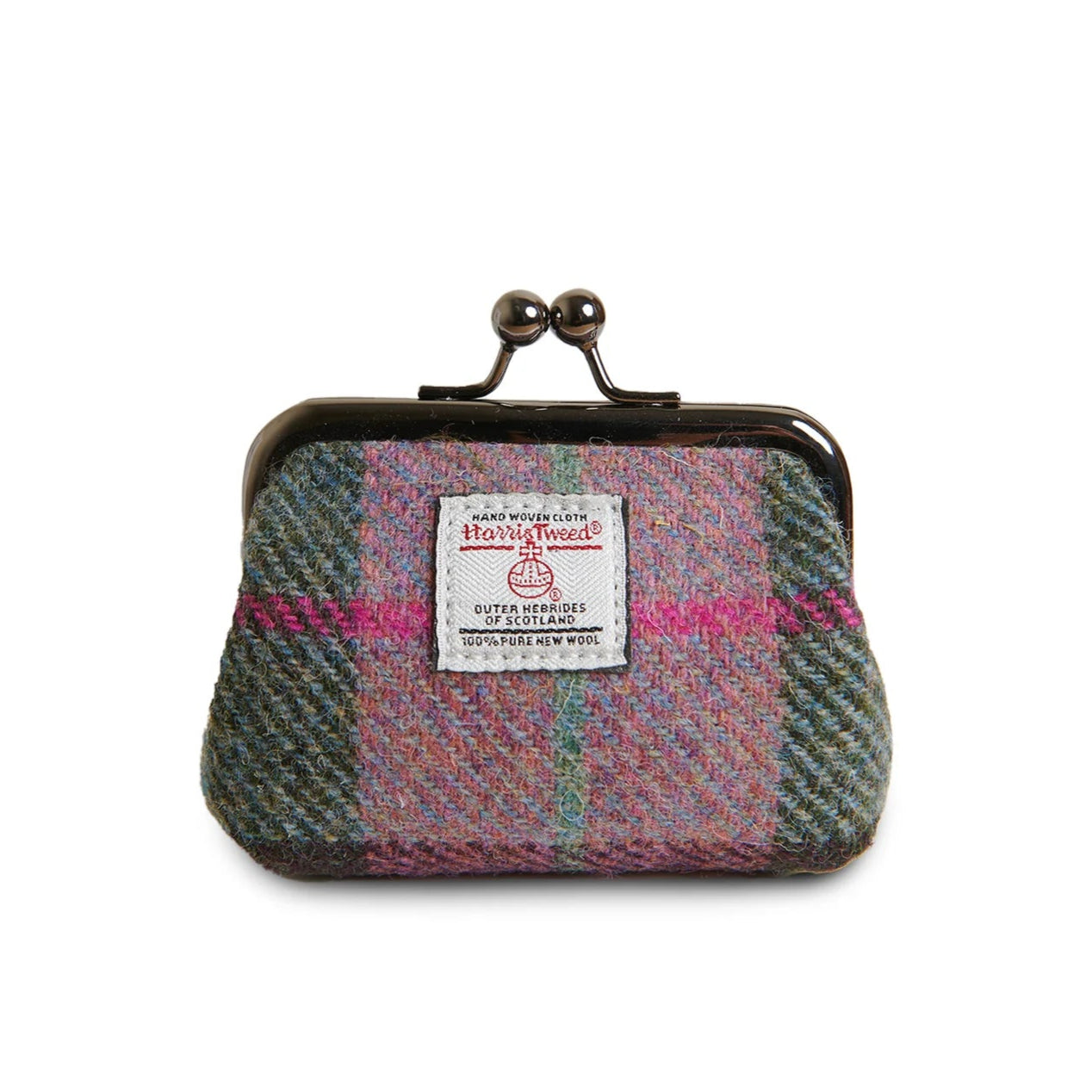 Front view of Islander coin purse in pink and green Harris Tweed with metal kiss clasp and official Harris Tweed label.