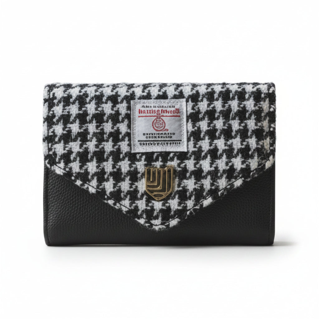 Islander small clasp purse in black and white dogtooth Harris Tweed with vegan leather trim