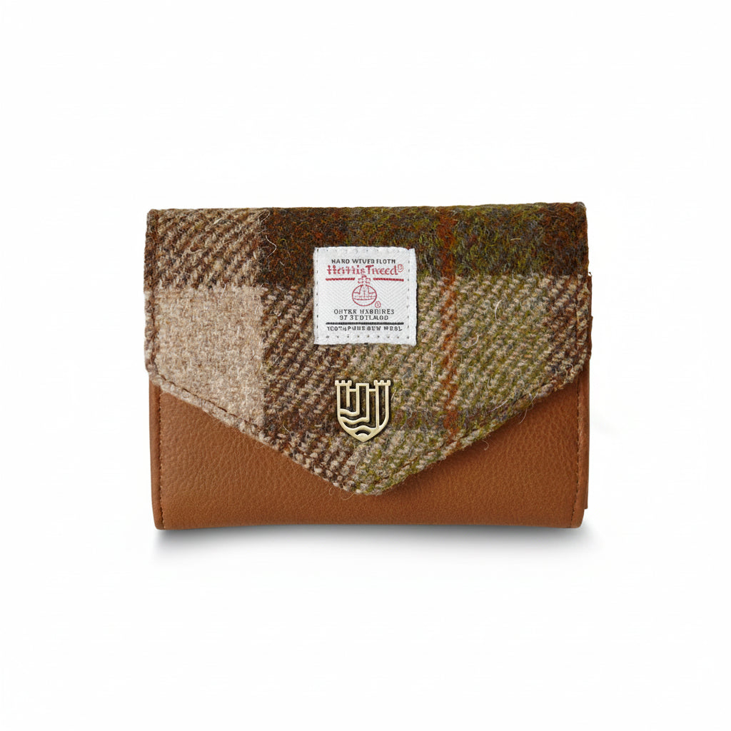 Chestnut tartan Harris Tweed clasp purse front view on white background.