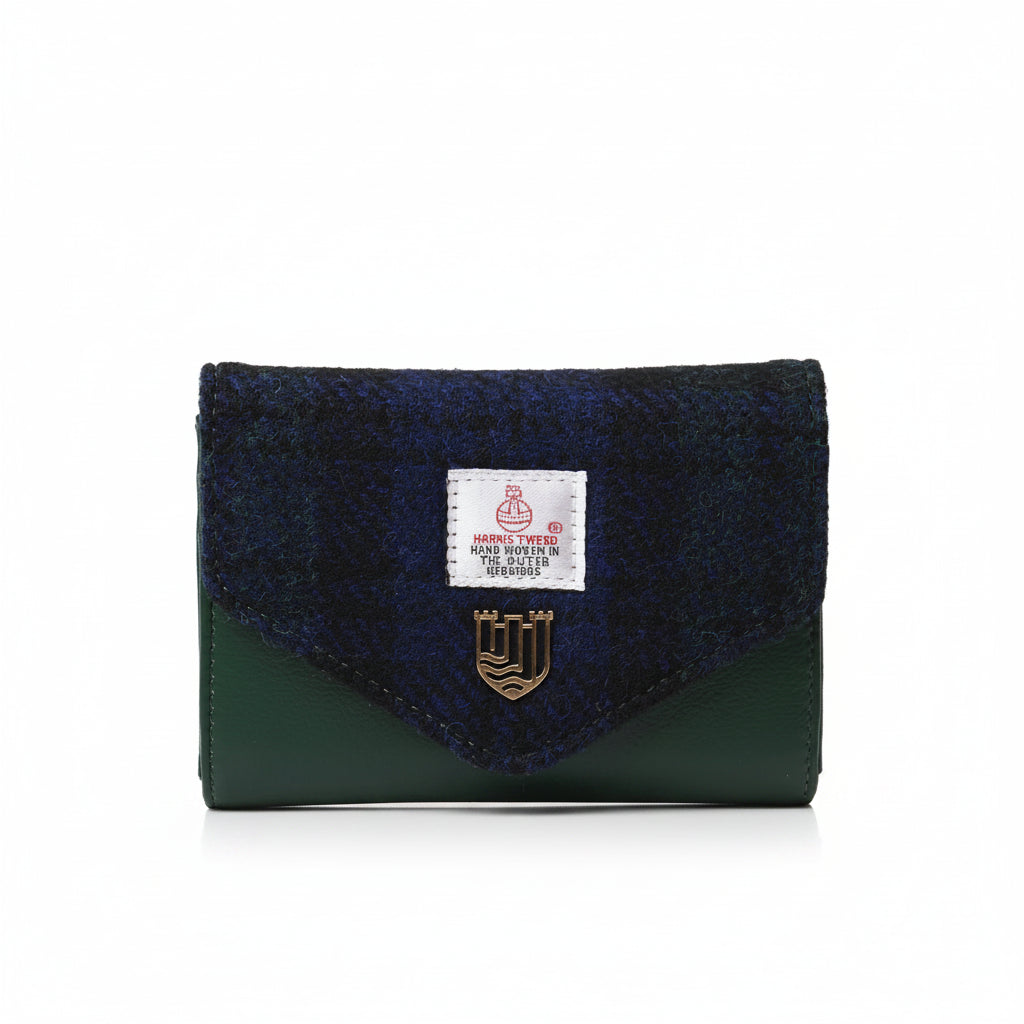 Black Watch tartan Harris Tweed clasp purse front view on white background.