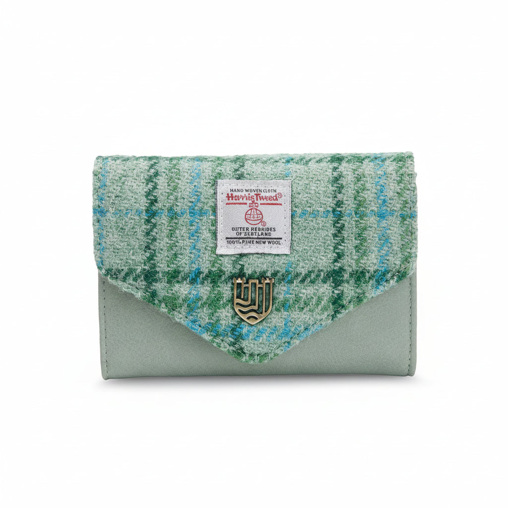 Mint tartan Harris Tweed clasp purse front view on white background.