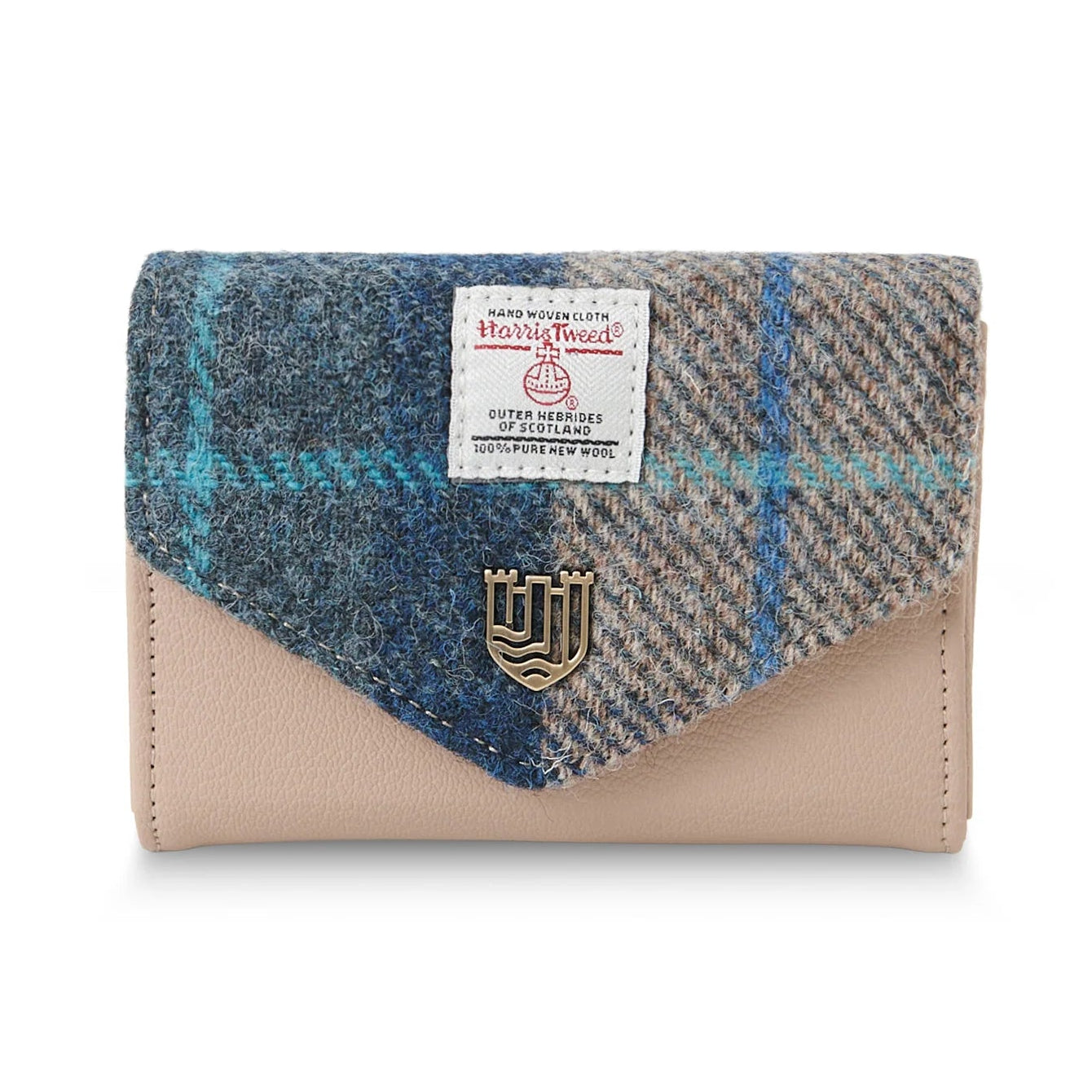 Navy-beige tartan Harris Tweed clasp purse overhead on white background.