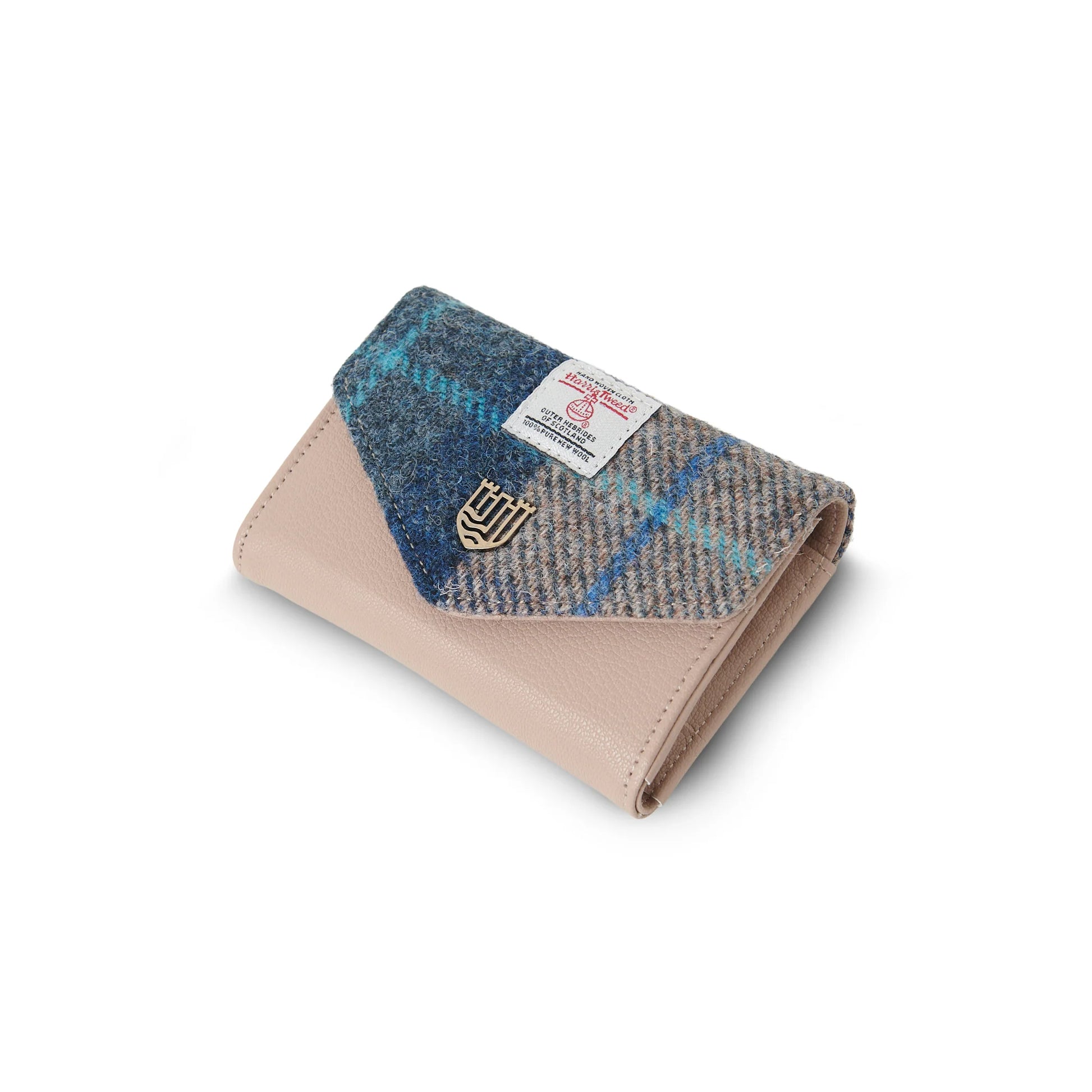 Navy-beige tartan Harris Tweed purse back showing zip pocket detail.