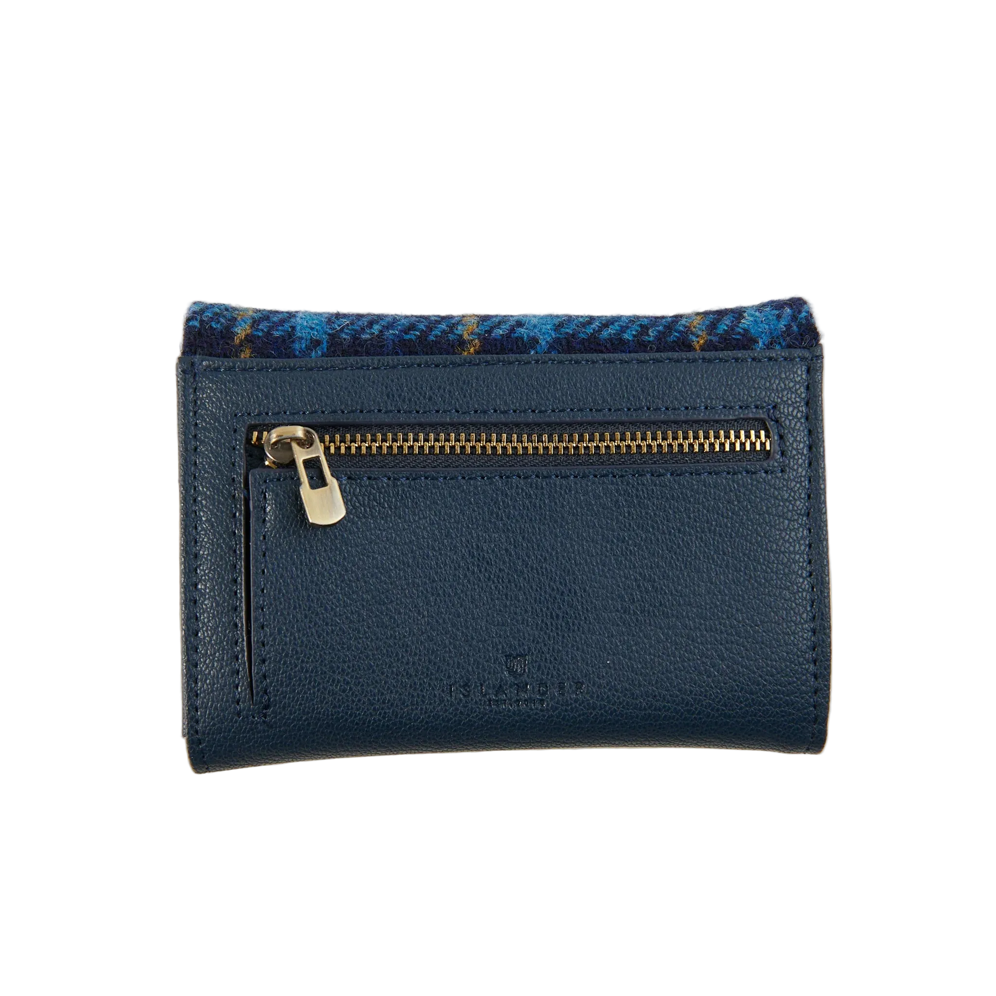 Navy tartan Harris Tweed purse back showing zip pocket detail.
