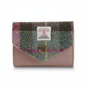 Pink-green tartan Harris Tweed clasp purse overhead on white background.