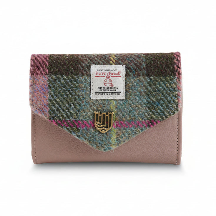 Pink-green tartan Harris Tweed clasp purse overhead on white background.