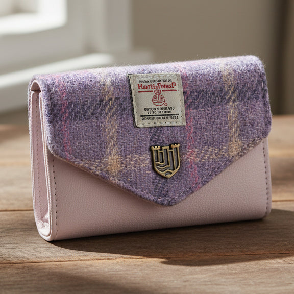 Purple tartan Harris Tweed clasp purse with pink leather on wooden surface.