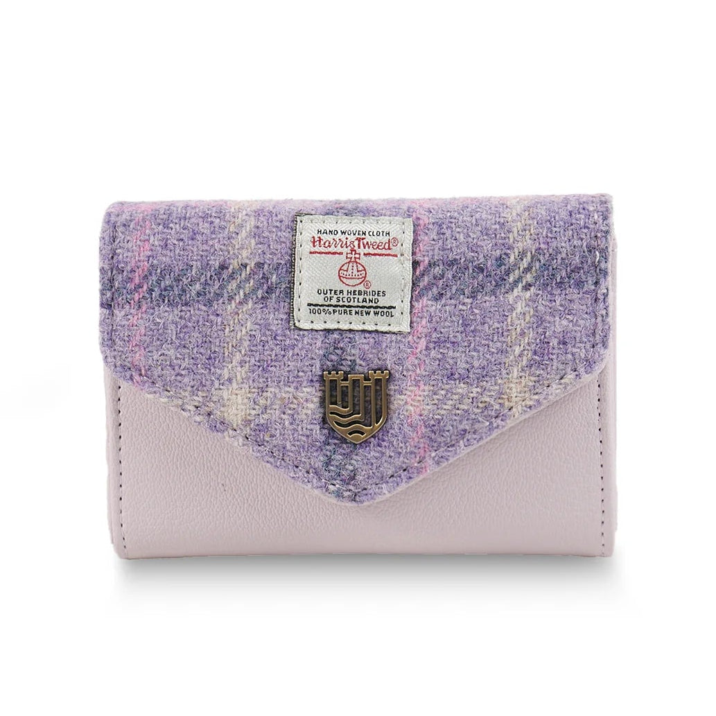 Purple tartan Harris Tweed clasp purse overhead on white background.