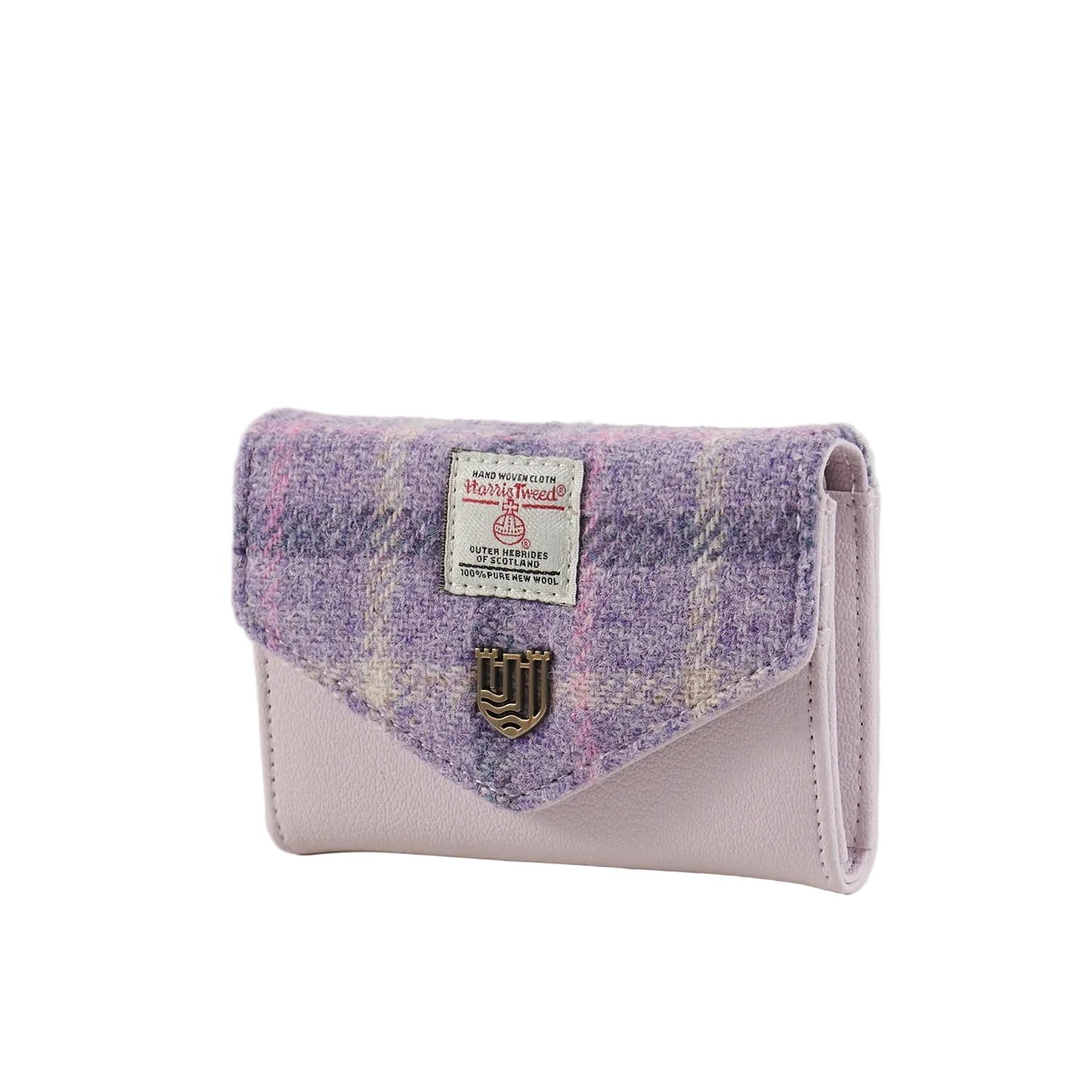 Purple tartan Harris Tweed clasp purse angled view on white background.