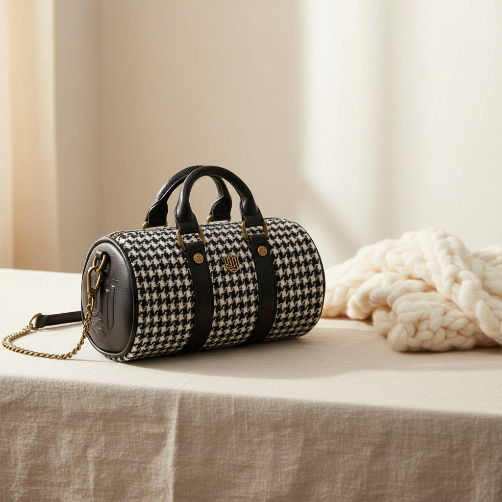 Angled view of black and white dogtooth Harris Tweed mini duffel bag