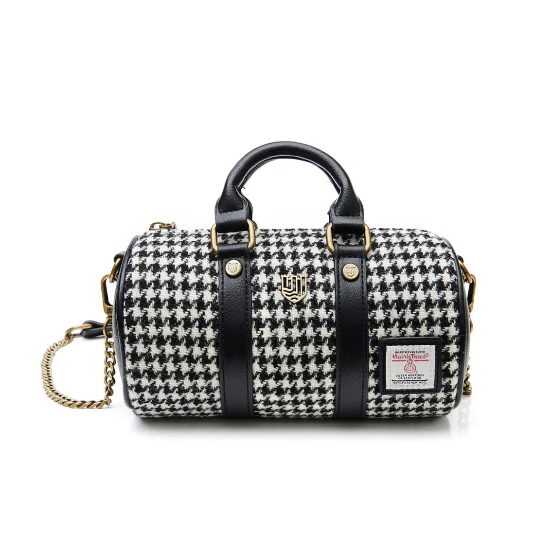 Mini dogtooth Harris Tweed duffel bag with gold chain front view