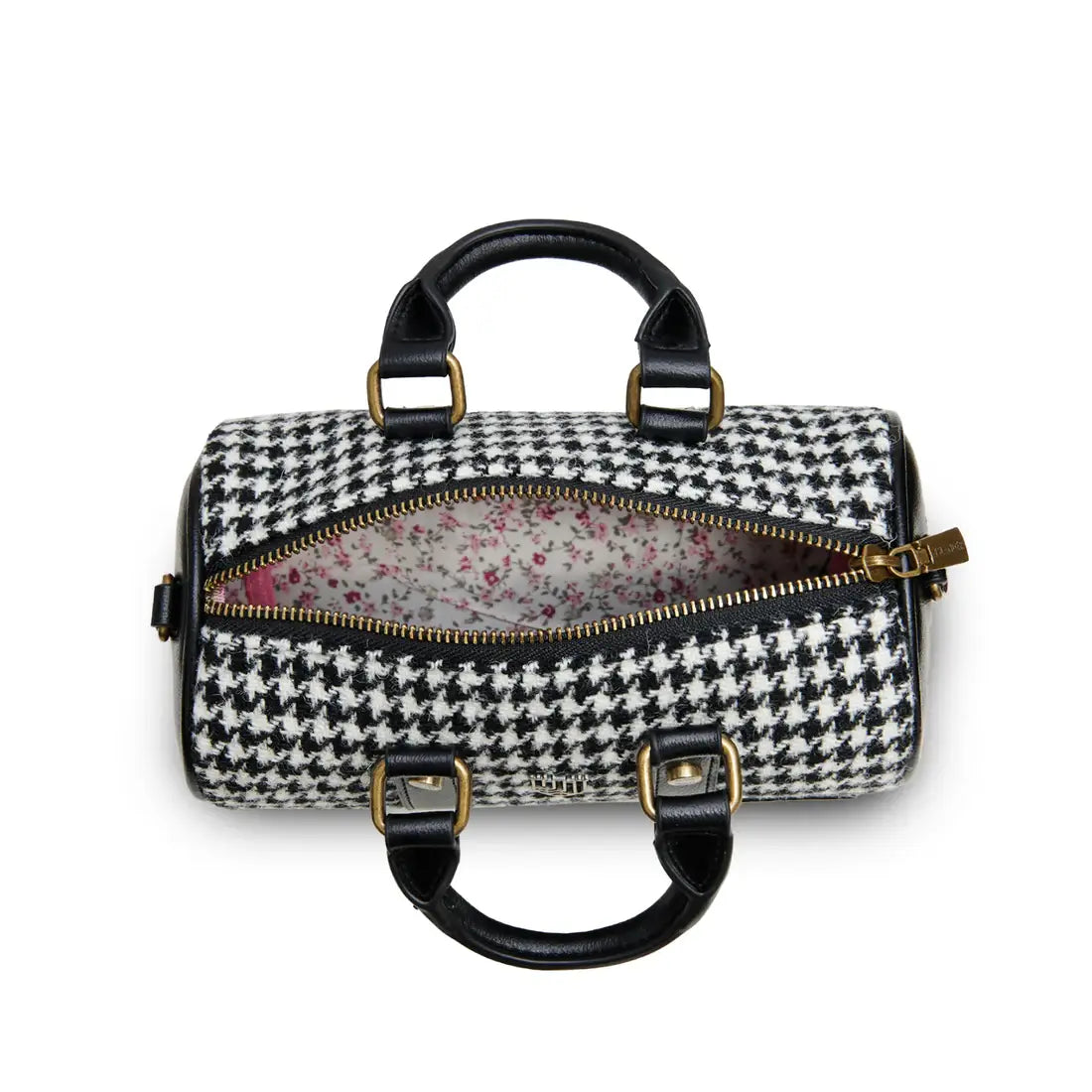Dogtooth Harris Tweed mini duffel open showing patterned lining