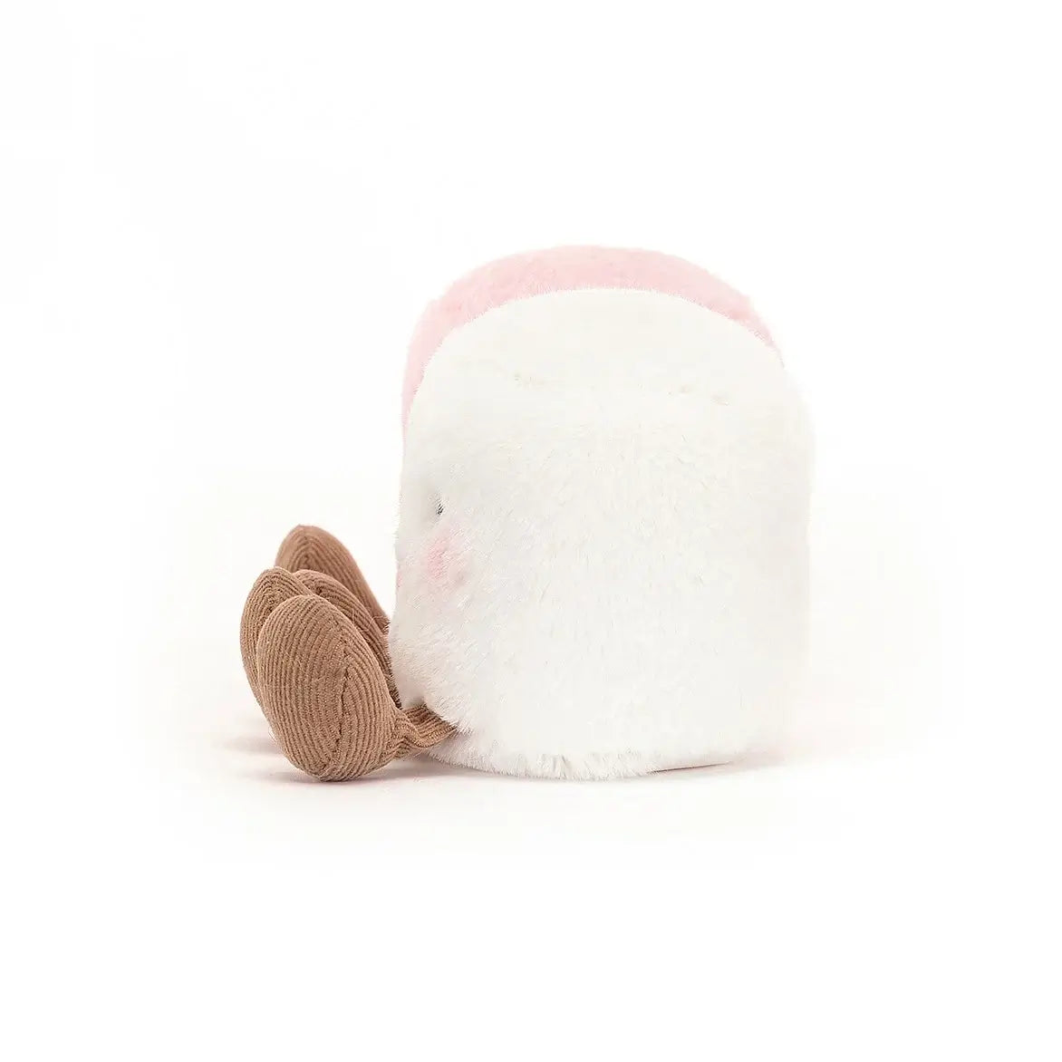 Side view of cute Jellycat Pink & White Marshmallow duo, showcasing their plump, squishy bodies, embroidered smiles, and stitched details. Ideal for imaginative play and sweet dreams.
