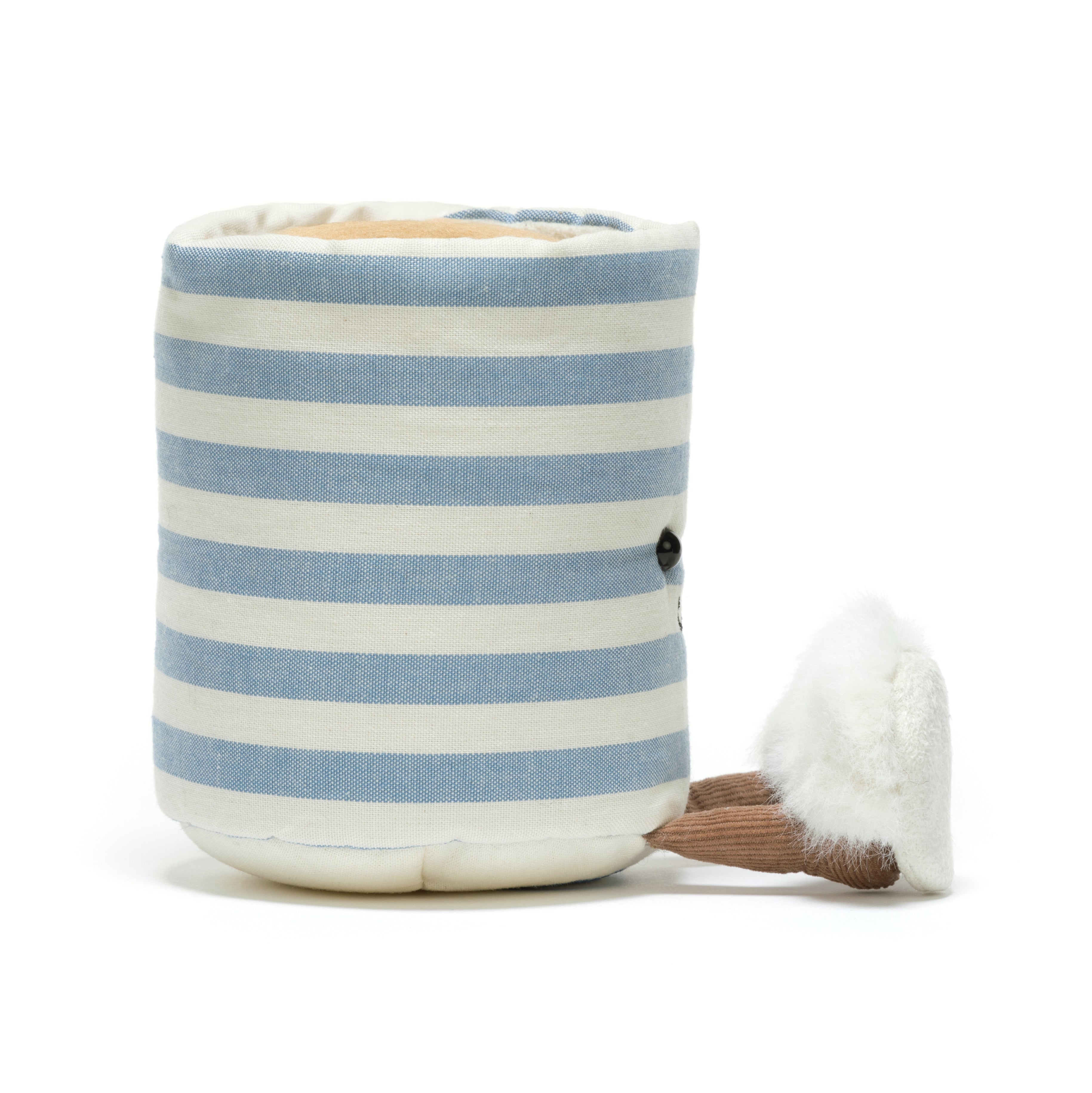 Rosie Lea plush mug side view showing blue-cream stripes on white background