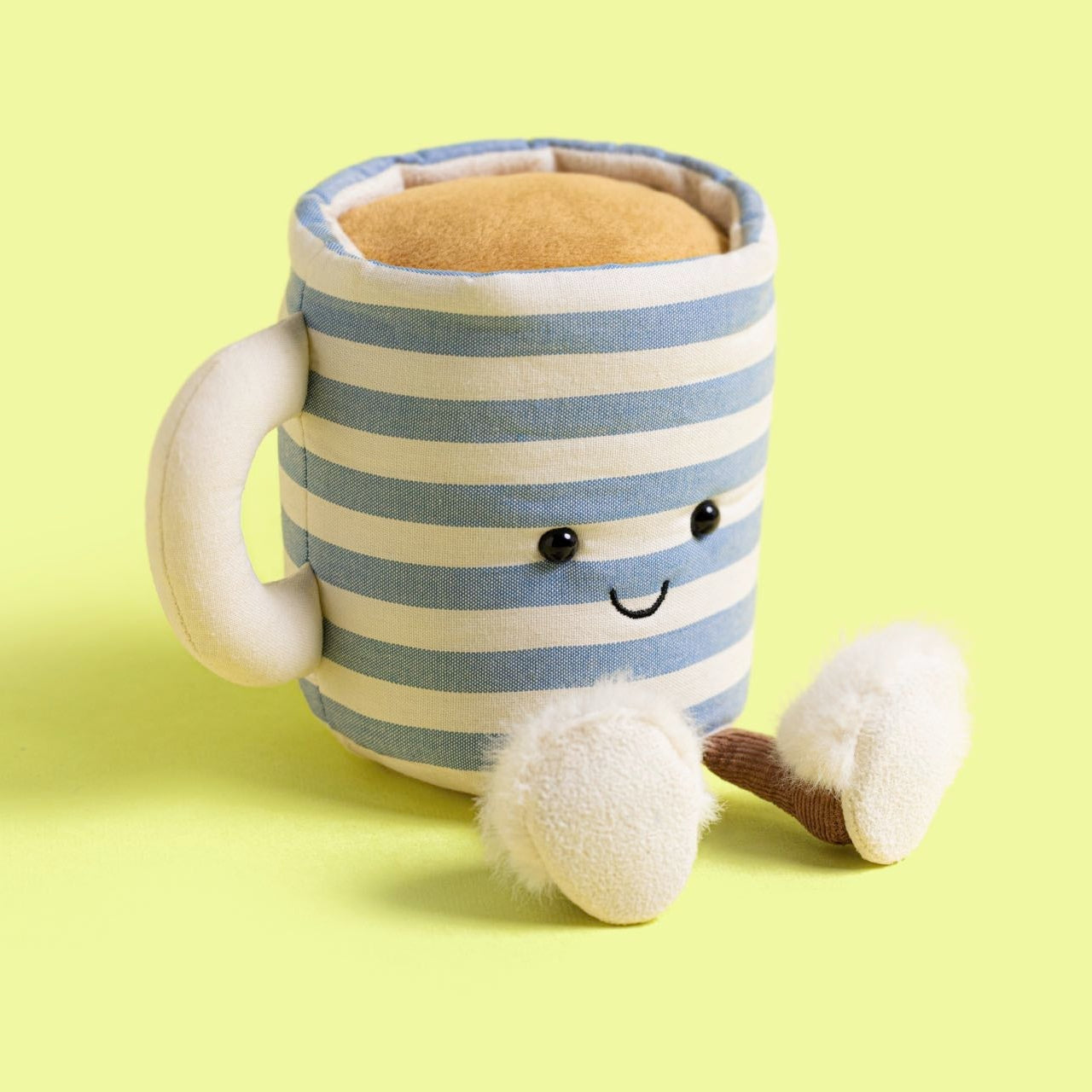 Jellycat Rosie Lea mug of tea plush front view on yellow-green background