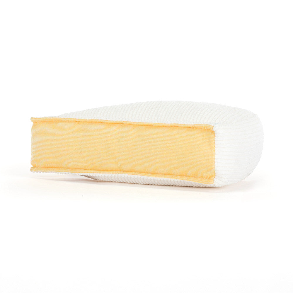 Back view of Jellycat Amuseables Brie toy showcasing white cordy rind texture.