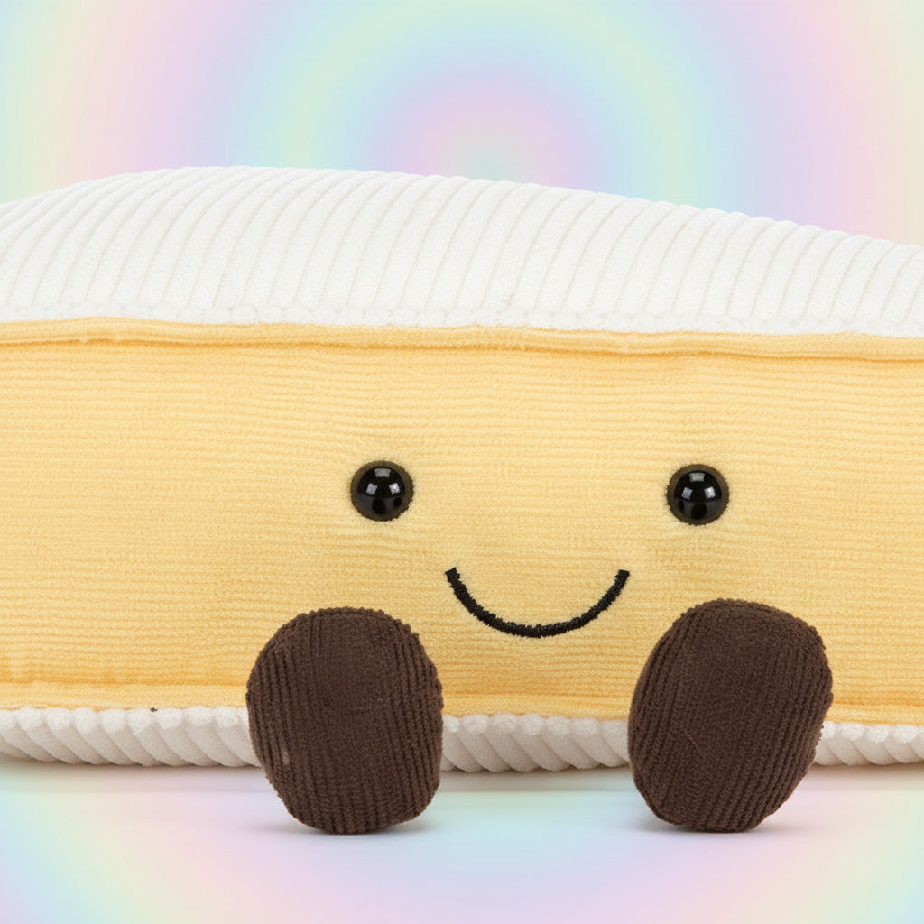 Front-on Jellycat Amuseables Brie plush with embroidered smile and soft textured detailing.