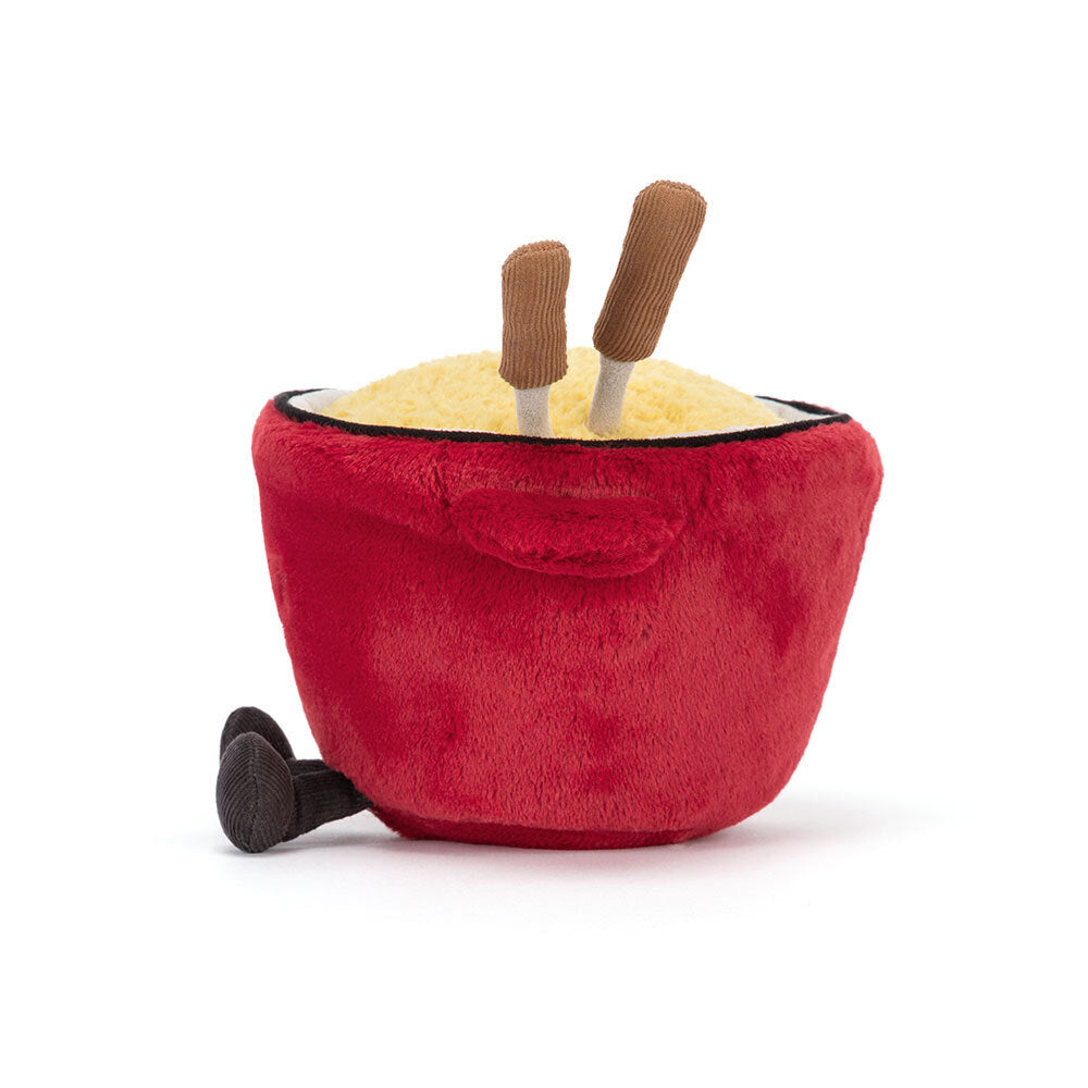 Back view of Jellycat Amuseables Cheese Fondue soft toy in red plush pot.