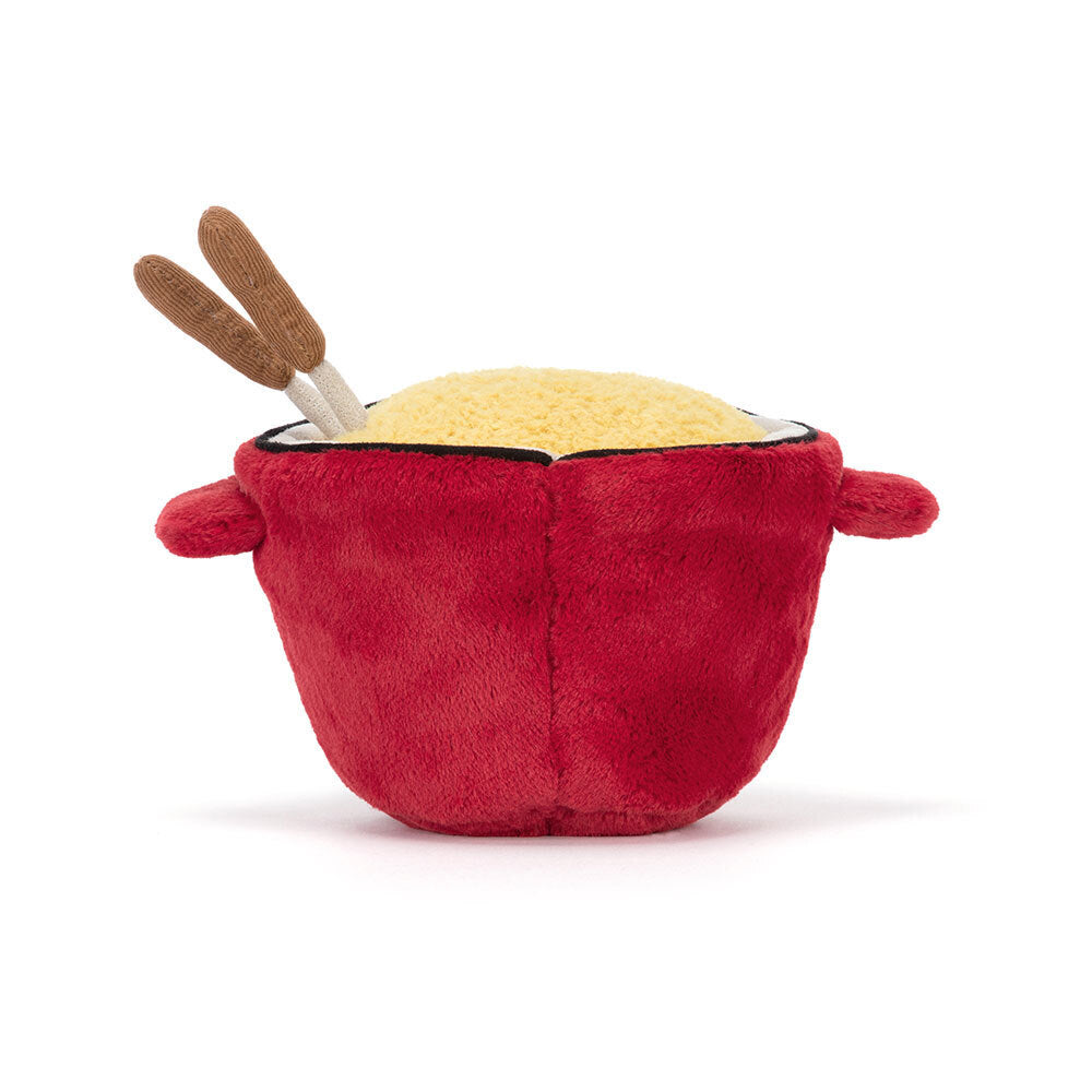 Side view of Jellycat Cheese Fondue plush toy with soft handles and fluffy cheese top.
