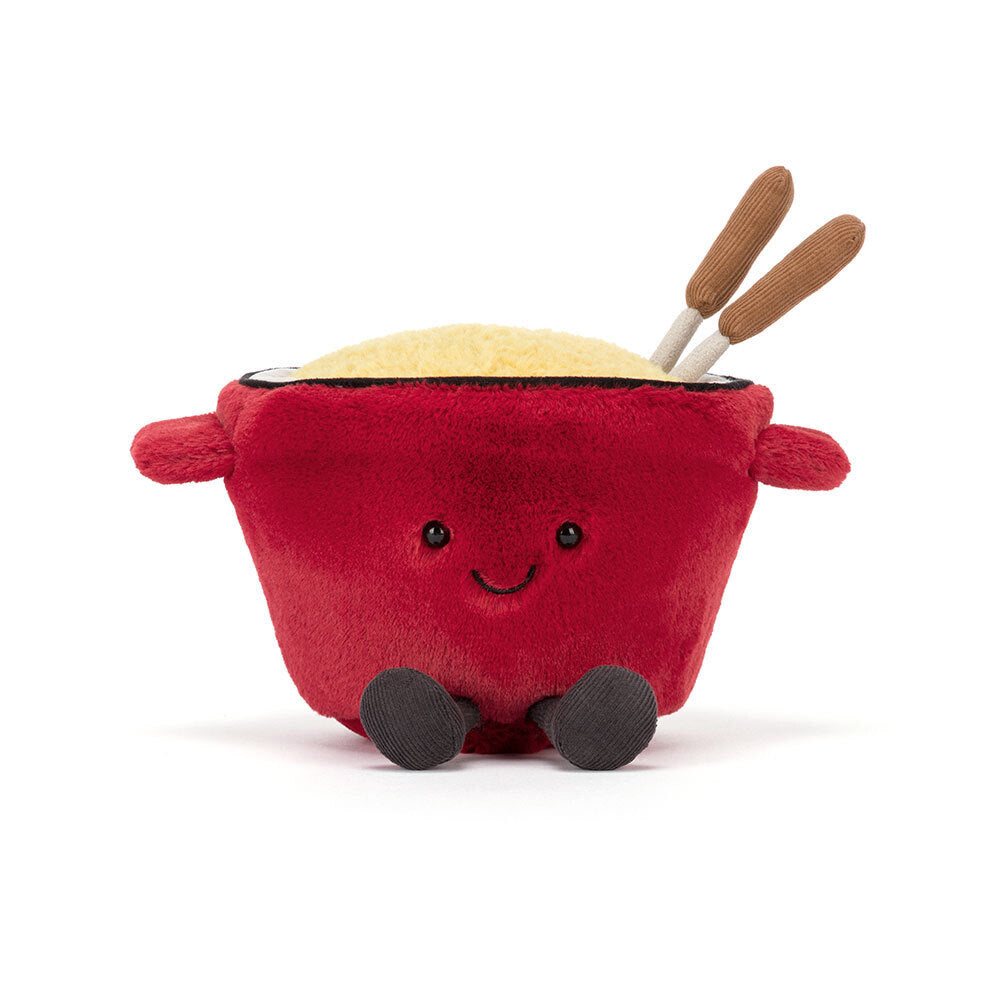 Front view of Jellycat Amuseables Cheese Fondue plush with happy face and dangling feet.