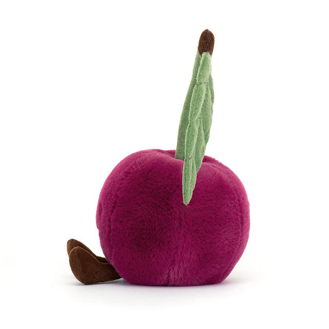 Side View: Side profile of the cuddly Jellycat Amuseables Cherry. Highlights the ideal size for little hands.