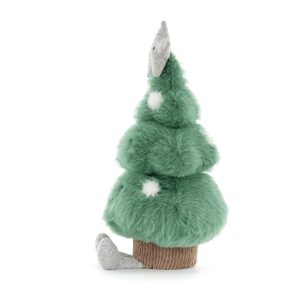 Side view of Jellycat Amuseables Christmas Tree plush with dangly silver legs.