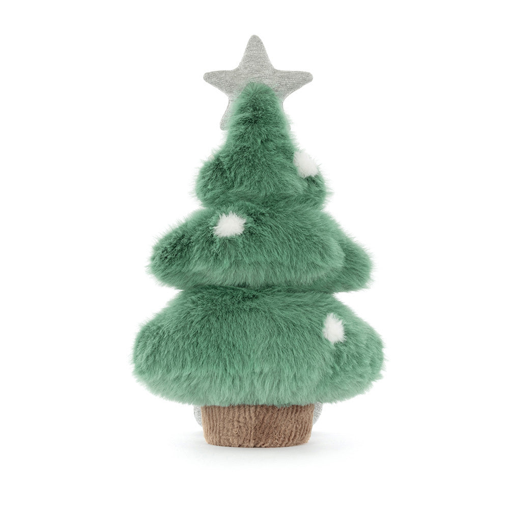 Back view of Jellycat Christmas Tree plush showing layered fluffy branches and silver star.