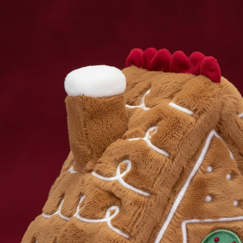 Plush gingerbread house toy with a smiley face on a white background