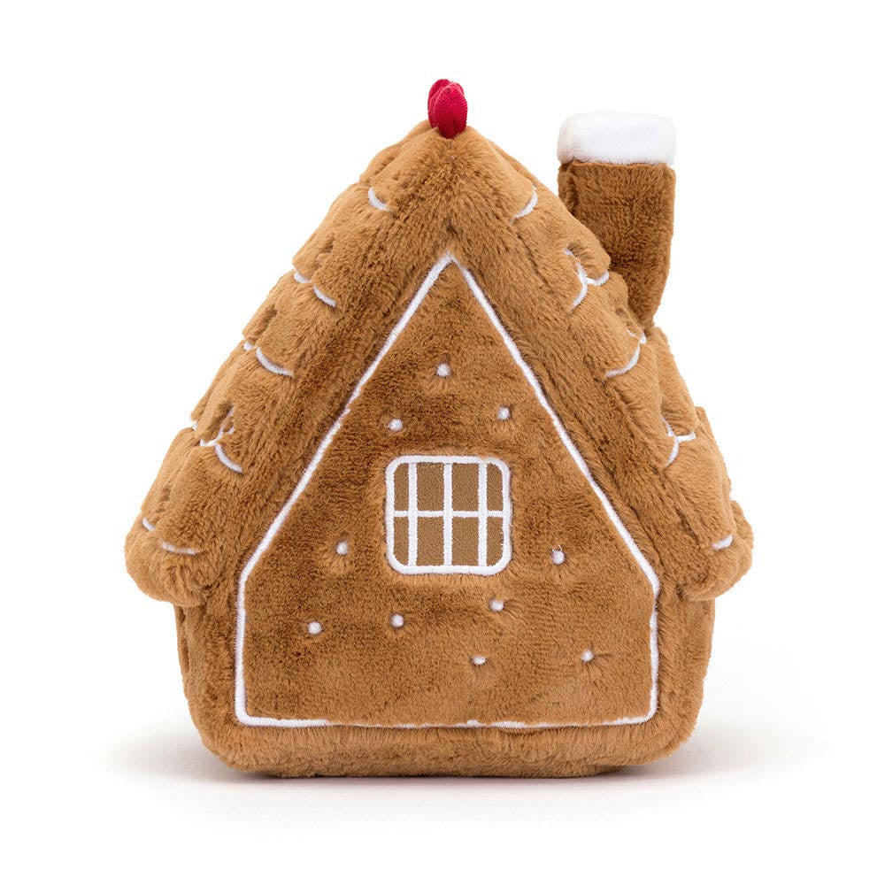 Back view of Jellycat Amuseables Gingerbread House with embroidered window and fluffy chimney top.