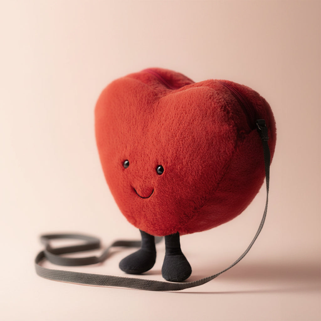 Close-up of the Jellycat Heart Bag showing its soft texture and embroidered smile.