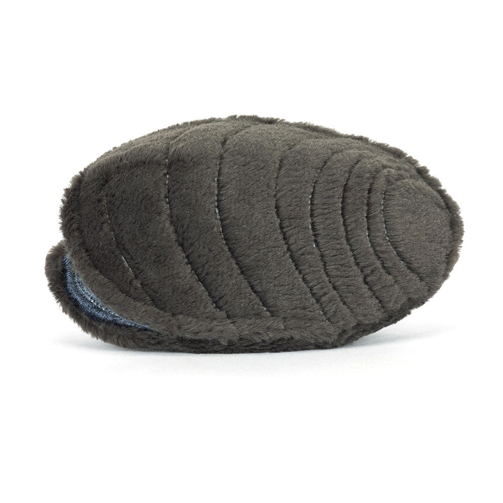 Closed Jellycat mussel shell plush in charcoal grey.
