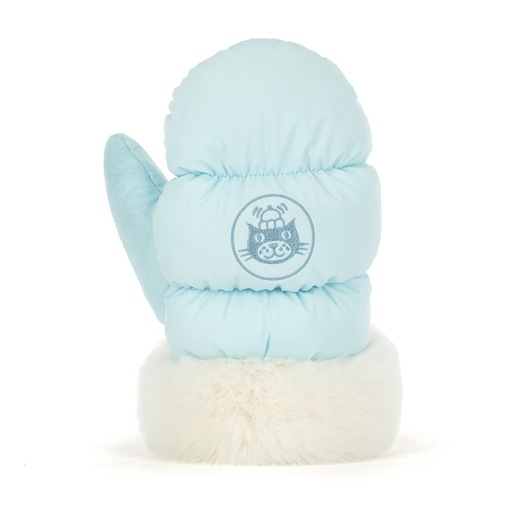 Jellycat Amuseables Mitten back view with embroidered cat logo on soft blue fabric.