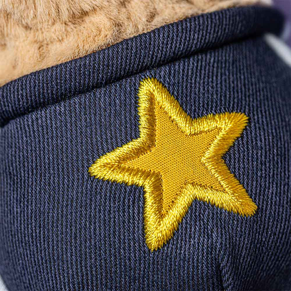 Close-up of embroidered gold star on navy student outfit