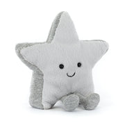 Jellycat Amuseables Silver Star plush toy with glittery silver legs and smiling face, front view.