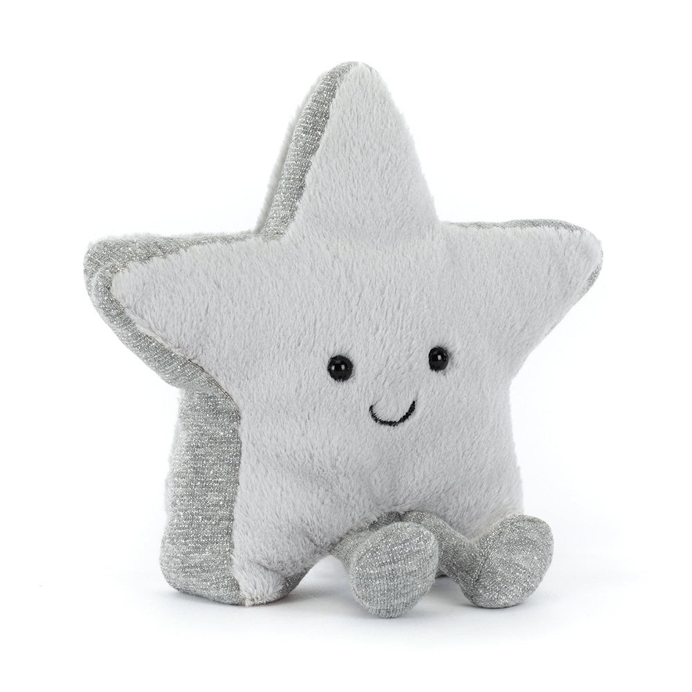Jellycat Amuseables Silver Star plush toy with glittery silver legs and smiling face, front view.