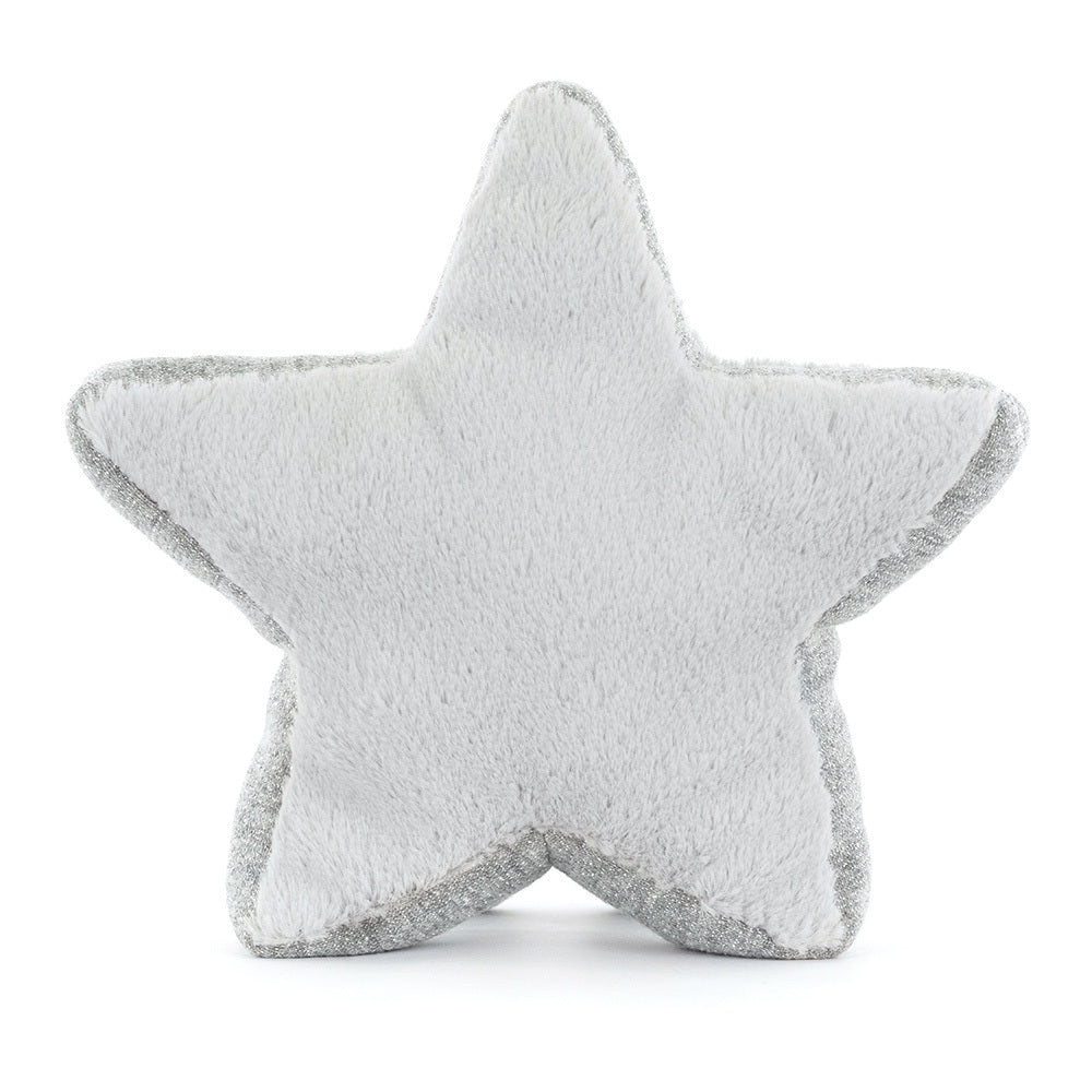 Back view of Jellycat Amuseables Silver Star plush showing soft grey fabric and star shape.