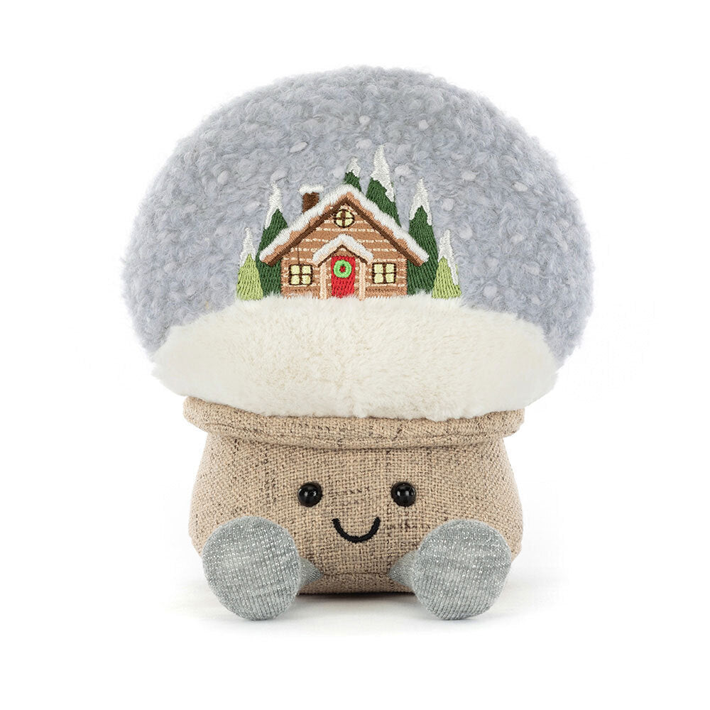 Front view of Jellycat Amuseables Snow Globe showing smiling face and winter scene.